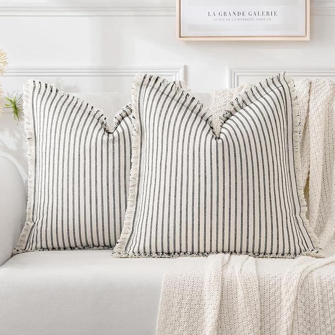 MIULEE Black Pack of 2 Pillow Covers 18x18 Inch Striped Farmhouse Couch Throw Pillow Covers with Fringe Chic Linen Decorative Cushion Covers for Sofa Living Room Bed Outdoor Home Decor