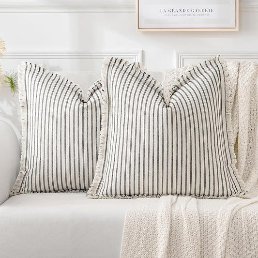 MIULEE Pack of 2 Black Pillow Covers 24x24 Inch Striped Farmhouse Couch Throw Pillow Covers with Fringe Chic Linen Decorative Cushion Eruo Sham for Sofa Living Room Bed Outdoor Home Decor