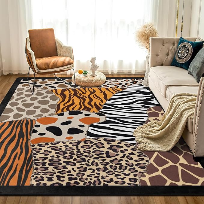 9CH Abstract Leopard Area Rug 7' X 5' Black Brown Animal Skin Print Floor Carpet Non-Slip Soft Modern Rugs for Girls Bedroom Office Dining Room Living Room