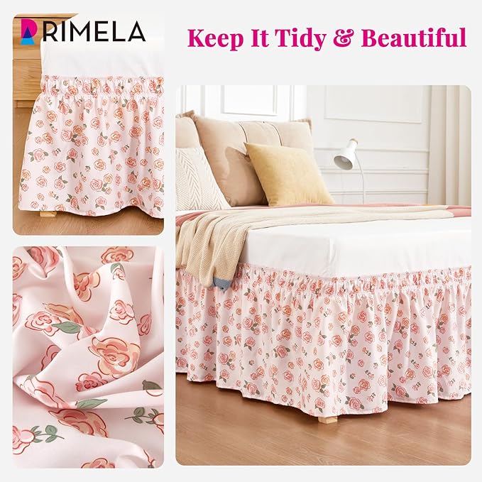 RIMELA Pastel Rose Bed Skirt Queen Size 15 Inch Drop, Elastic Bed Skirting for Bed Frame, Bedding Dust Ruffle Easy to Install, Lightweight Wrap Around Adjustable Bedskirt,Bedroom Decor