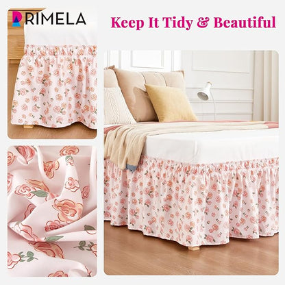 RIMELA Pastel Rose Bed Skirt Queen Size 15 Inch Drop, Elastic Bed Skirting for Bed Frame, Bedding Dust Ruffle Easy to Install, Lightweight Wrap Around Adjustable Bedskirt,Bedroom Decor