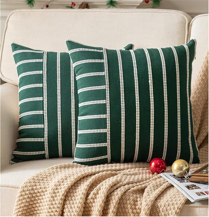 Boho Throw Pillow Covers 20x20 Set of 2 Soft Farmhouse Decorative Couch Pillow Cases Dark Green Striped Pillow Covers Neutral Cushion Covers for Sofa Bed Living Room Home Decor