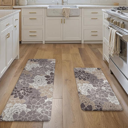 GENIMO Kitchen Mats for Floor, Kitchen Rugs Non Slip Washable Sets of 2, Waterproof Cushioned Anti Fatigue Mat, Floral Runner Rug for Laundry, Sink, Office, Home, 17.3"x47"+17.3"x30", Coffee Brown