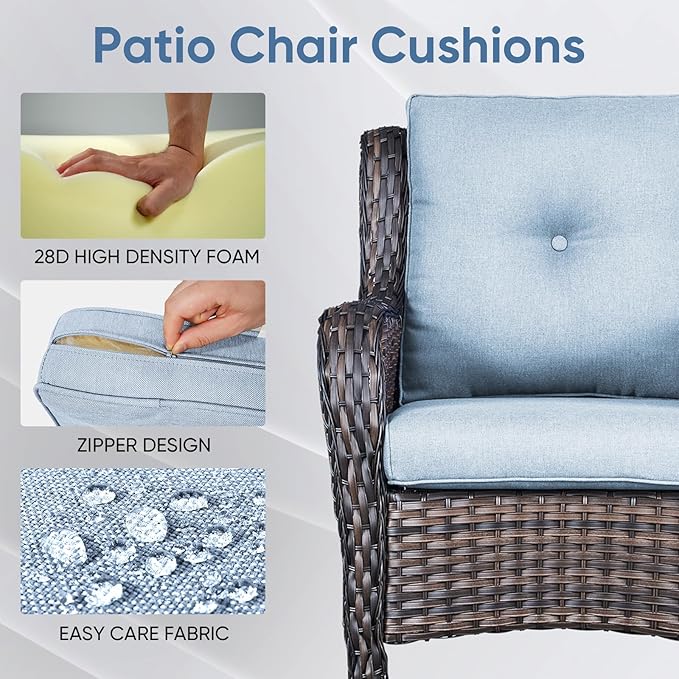 Outdoor Chair Cushions 3 Packs - Outside High Back Thick Water-Resistant Cushion 22x24 with Zipper Cover for Patio Glider Rocking Chairs Loveseat Couch – Baby Blue/Buckle