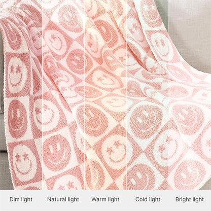 WRENSONGE Checkered Throw Blanket Blossom Smiling Face Soft Cozy Fluffy Warm Hand Made Weave Throw Blankets for Couch, Sofa, Chair, Bed, Camping, Picnic, Travel Lightweight Bed Blanket - 60"*80"