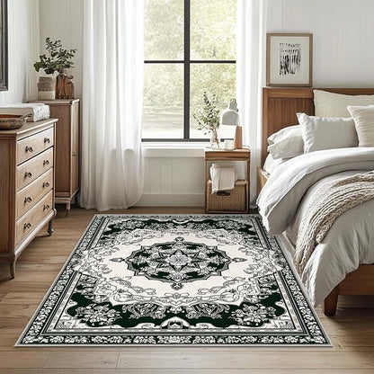 4x6 Traditional Oriental Area Rug Black White Dark Green Rug Non Slip Low Pile Large Carpet for Home Kitchen Living Room Bedroom Dining Room Office