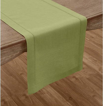 Solino Home Linen Moss Green Hemstitch Table Runner 48 Inches - 100% Pure Linen Small Table Runner 14 x 48 Inch Ideal for Dresser and Coffee Tables - Classic Hemstitch - Winter