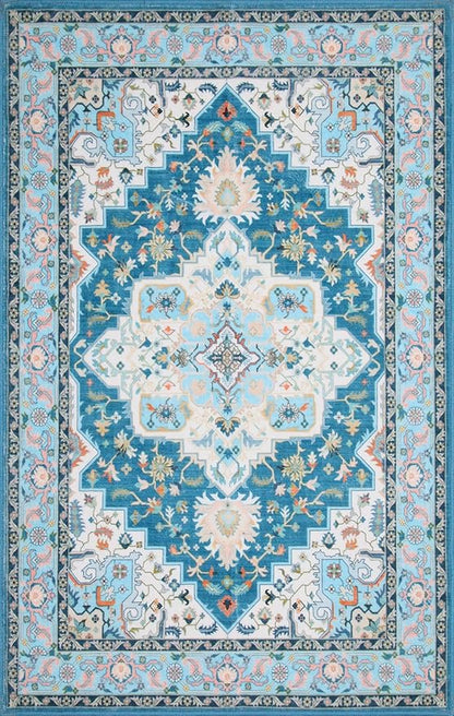 WILLSUN Washable Area Rugs, 4x6 Non-Slip Boho Large Area Rugs for Living Room, Bedroom, Machine Washable Vintage Rug, Indoor Floral Print Carpet for Home Decor, Kid & Pet Friendly Mat