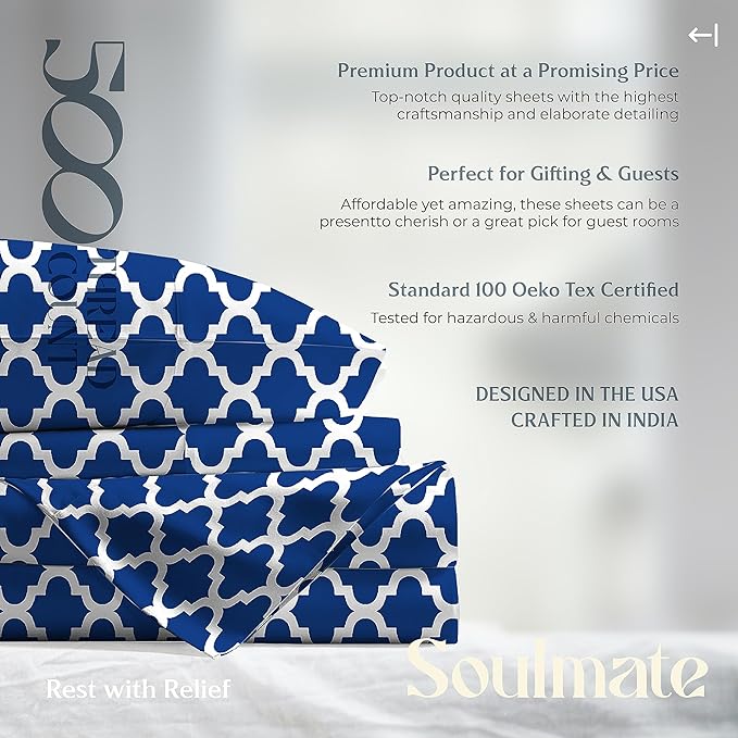 Mayfair Linen 100% Cotton Printed Bed Sheets King Size Set - 500 Thread Count Cotton Sheets for King Size Bed, 4 PC Set (Quatrefoil - Navy), Soft, Cooling, Sateen Weave 16" Deep Pocket Bedsheet