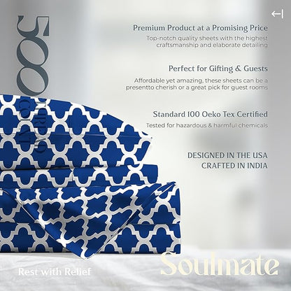 Mayfair Linen 100% Cotton Printed Bed Sheets Twin Size Set - 500 Thread Count Cotton Twin Sheets for Dorm Room, 3 PC Set (Quatrefoil Navy Print), Soft, Cooling, Sateen Weave 16" Deep Pocket Bedsheet