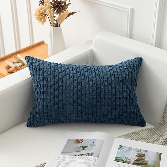 Kevin Textile 12x24 Inch Pillow Cover 1 Pack Boho Decorative Soft Striped Corduroy Lumbar Farmhouse Solid Color Accent Rectangle Cushion Case for Living Room Couch Sofa Bed, Blue