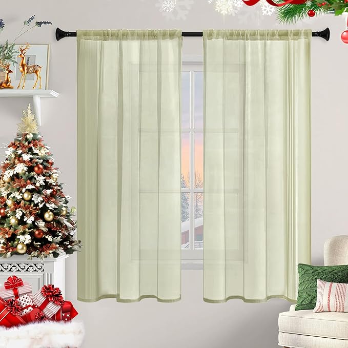 Sheer Curtains 72 Inches Long 2 Panels, Rod Pocket Short Curtain for Kitchen, Bedroom, Cafe Window(Sage Green 38" W x 72" L)