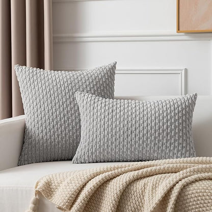Kevin Textile 12x24 Inch Pillow Cover 1 Pack Boho Decorative Soft Striped Corduroy Lumbar Farmhouse Solid Color Accent Rectangle Cushion Case for Living Room Couch Sofa Bed, Light Grey