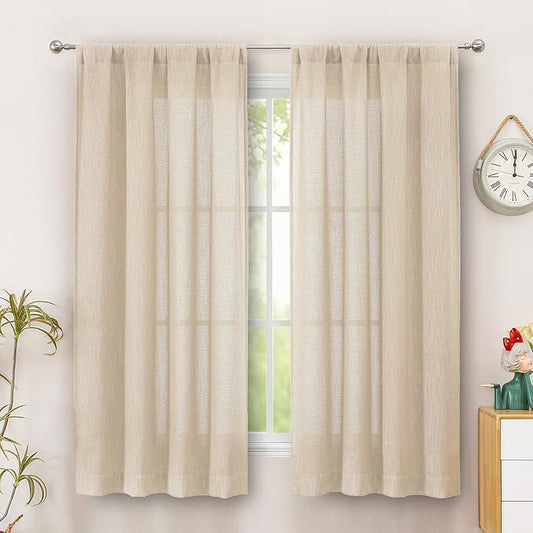 Simplebrand Natural Faux Linen Textured Curtains 63 Inch Length 2 Panels for Bedroom, Semi Sheer Light Filtering Privacy Farmhouse Curtains, Soft Thick Rod Pocket Window Drapes, 40W x 63L Inch