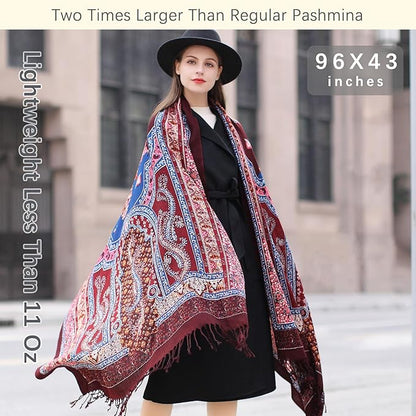 DANA XU 100% Merino Wool Extra Large Pashmina Blanket Travel Scarf Cashmere Wrap for Women Fall Winter Oversize Shawl Floral