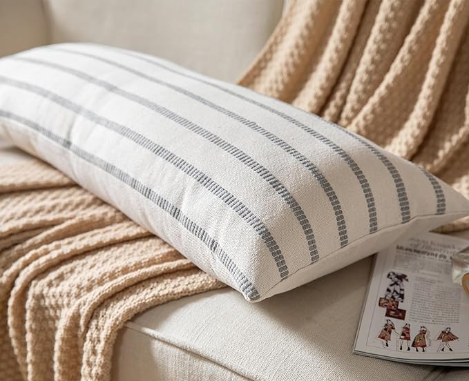 Caflife Boho Lumbar Throw Pillow Cover 14X36 Long Soft Farmhouse Decorative Couch Pillow Cases Grey Striped Body Pillow Covers Neutral Cushion Covers for Sofa Bed Living Room Home Decor Pack of 1