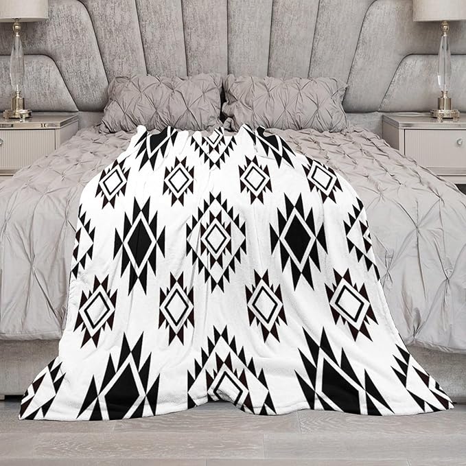 Boho Throw Blanket, Black and White Native Blankets, Vintage Tribal Aztec Printed Flannel Blanket for Chair Bed Sofa Couch 30"x40"
