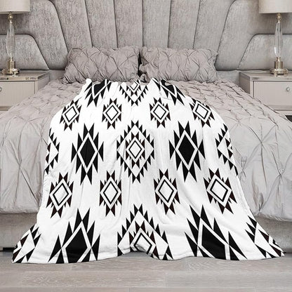Boho Throw Blanket, Black and White Native Blankets, Vintage Tribal Aztec Printed Flannel Blanket for Chair Bed Sofa Couch 30"x40"