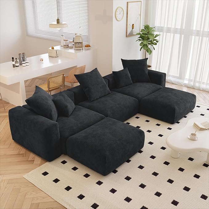 JACH 141" Oversized Modular Sectional Sofa, Deep 3-Seats Sectional Couch with Chaise Ottomans, Huge Plus Convertible Soft Sofas, Corduroy Minimalist Couches for Living Room, Apartment, Black