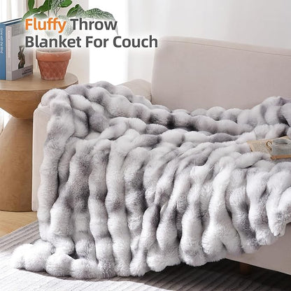 Smoofy Faux Fur Throw Blanket for Couch Rabbit Fleece - Tie-dye Grey Fluffy Blanket for Sofa Bedroom Living Room, Cozy Soft Plush Luxury Thick Winter Fuzzy Comfy Bubble Blanket - 50" x 60"