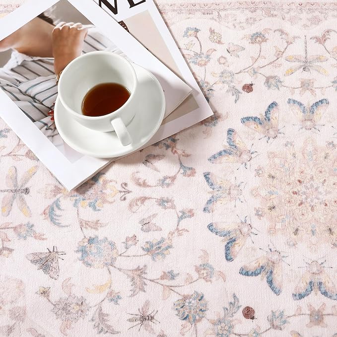 Moynesa Pink Runner Rugs for Long Hallway 2.5x8, Vintage Washable Floral Print Runner for Nursery Decor, Rubber Backing Non Slip Carpets for Kitchen Entryway Bathroom Bedroom