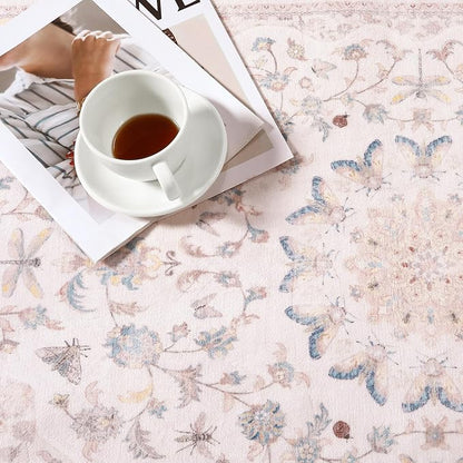 Moynesa Pink Runner Rugs for Long Hallway 2.5x8, Vintage Washable Floral Print Runner for Nursery Decor, Rubber Backing Non Slip Carpets for Kitchen Entryway Bathroom Bedroom