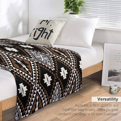 Rustic Western Throw Blanket, Southwestern Bohemian Ethnic Style Native Aztec Pattern Flannel Blanket for Sofa Bed, All Seasons 60"x80"