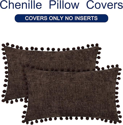 CaliTime Throw Pillow Covers Decorative 20 X 12 Inches Pack of 2 Cozy Solid Dyed Soft Chenille Cushion Cases with Pom Poms for Couch Sofa Bed Living Room Home Coffee