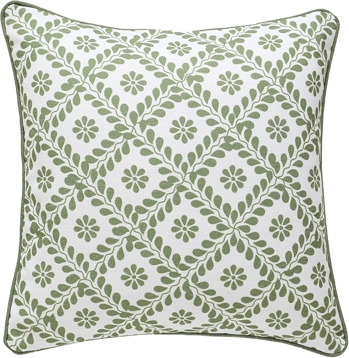 ISAENNE Design Fresh Linen Square Throw Pillow Covers 18"x18", French White Cottage Cushion Covers with Green Branches Pattern Decoration Pillowcases for Bed,Living Room,Outdoor,Car