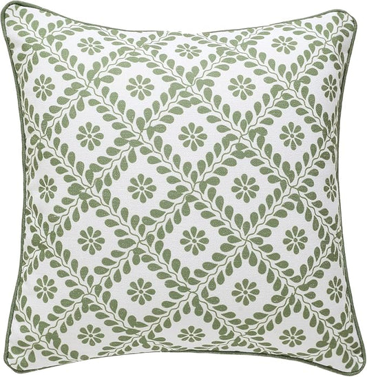 ISAENNE Design Fresh Linen Square Throw Pillow Covers 18"x18", French White Cottage Cushion Covers with Green Branches Pattern Decoration Pillowcases for Bed,Living Room,Outdoor,Car