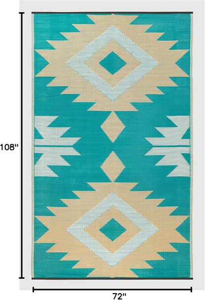 FH Home Outdoor Rug - Waterproof, Fade Resistant, Reversible - Premium Recycled Plastic - Geometric - Patio, Deck, Porch, Balcony - Bursa Kilim - Teal Crease Free - 6 x 9 ft