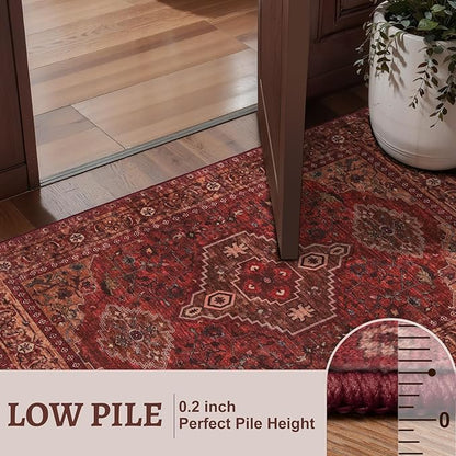 Tangsoo 3x5 Washable Rugs Oriental Area Rug, Vintage Non Slip Indoor Accent Rug, Print Distressed Dark Red Carpet, Soft Low Pile Rug for Living Room Dining Bedroom Bedside Entryway