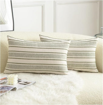 Decorative Boho Lumbar Throw Pillow Covers, Farmhouse Textured Pillow Case, 12 x 20 Inch Set of 2, Chair Sofa Bedroom Living Room Home Decor Couch Cushion Case, Olive Green and Beige