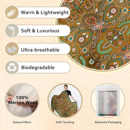 DANA XU 100% Merino Wool Pashmina Shawl for Women 96"x43", Oversized Cashmere Wrap with Tassels, Floral Travel Blanket Cape