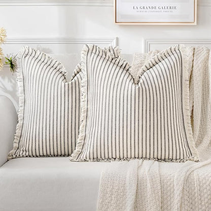 MIULEE Pack of 2 Gray Pillow Covers 20x20 Inch Striped Farmhouse Couch Throw Pillow Covers with Fringe Chic Linen Decorative Cushion Covers for Sofa Living Room Bed Outdoor Home Decor