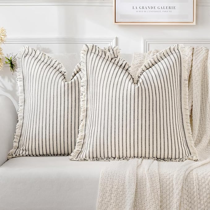 MIULEE Pack of 2 Gray Pillow Covers 26x26 Inch Striped Farmhouse Couch Throw Pillow Covers with Fringe Chic Linen Decorative Cushion Eruo Sham for Sofa Living Room Bed Outdoor Home Decor