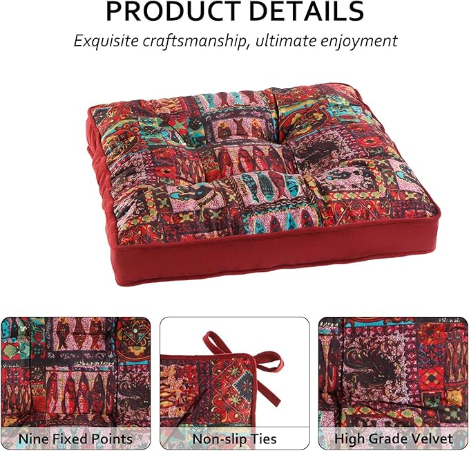 Bohemian Square Seat Cushions for Kitchen Dining Living Tea Room,16.5" x 16.5" Printing Velvet Chair Pads with Non-Slip Ties, 4Packs, Red