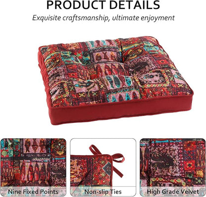Bohemian Square Seat Cushions for Kitchen Dining Living Tea Room,16.5" x 16.5" Printing Velvet Chair Pads with Non-Slip Ties, 4Packs, Red