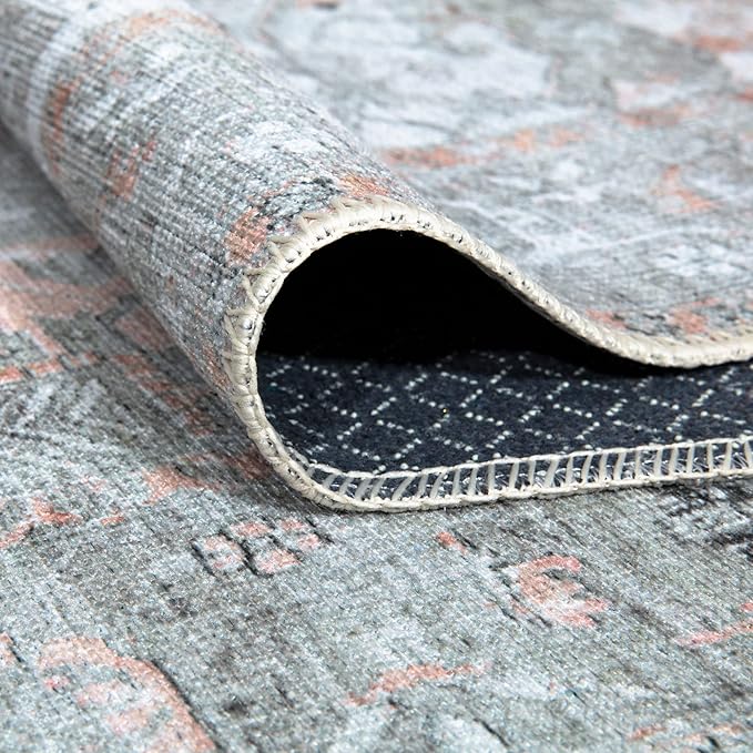 Bloom Rugs Washable Non-Slip 8' x 10' Rug - Gray/Coral Pink Traditional Area Rug for Living Room, Bedroom, Dining Room, and Kitchen - Exact Size: 8' x 10'