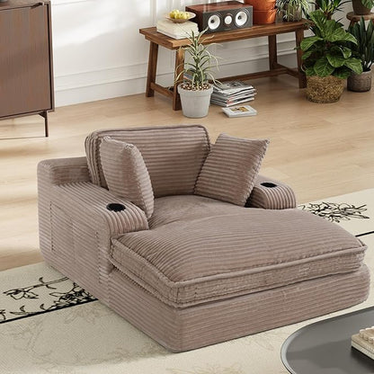 67" Chaise Lounge Chair Indoor, Cozy Oversized Fluffy Sofa with Cup Holders & Throw Pillows, Boneless Sleeper Cloud Couch for Living Room, Movie Room and Apartments, Camel