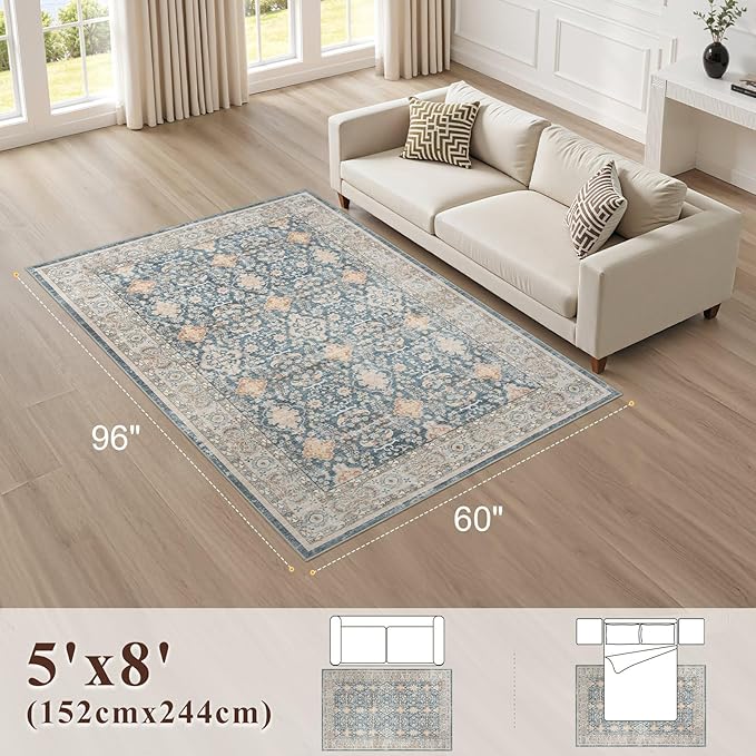 Vintage Living Room Area Rug 5x8 - Large Soft Washable Oriental Traditional Distressed Farmhouse Rugs for Bedroom - Indoor Floor Accent Carpet for Home Office House Decor - Dark Blue