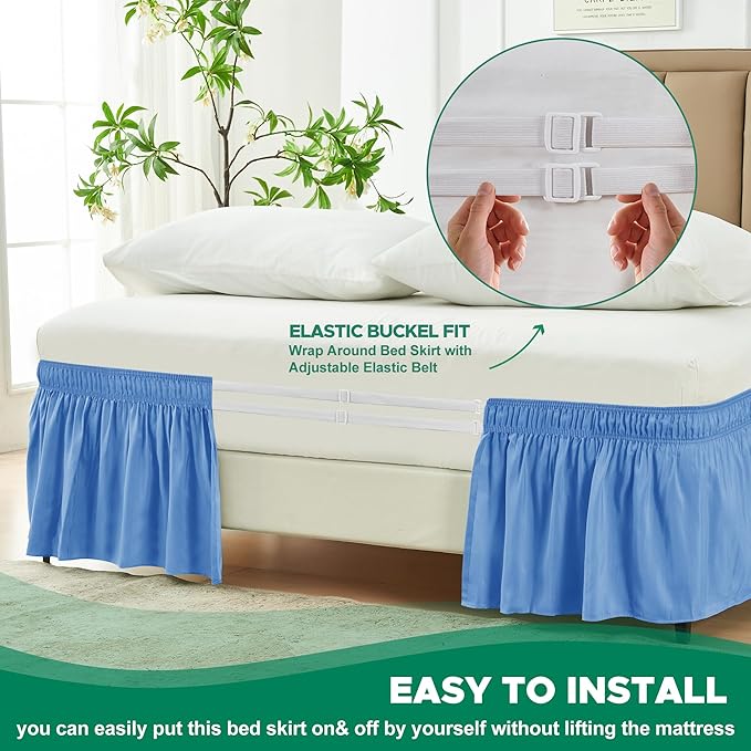 Biscaynebay Wrap Around Bed Skirts for Full & Full XL Beds 15" Drop, Denim Blue Elastic Dust Ruffles with Adjustable Belts Silky Luxrious Fabric Machine Washable