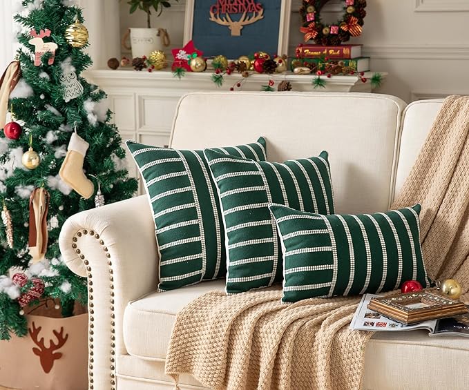 Boho Throw Pillow Covers 20x20 Set of 2 Soft Farmhouse Decorative Couch Pillow Cases Dark Green Striped Pillow Covers Neutral Cushion Covers for Sofa Bed Living Room Home Decor