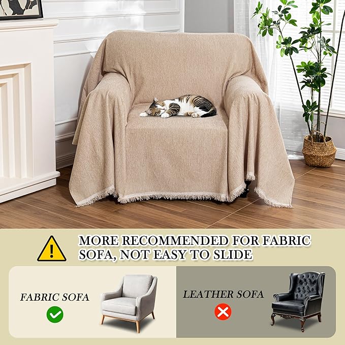 MEETSKY Sofa Covers Armchair Single Couch Cover for Dogs,Throw Couch Cover with Tassel Recliner Chair Recliner Cover Washable 1 Cushion Couch Chenille Couch Protector, 71"x 91", Khaki