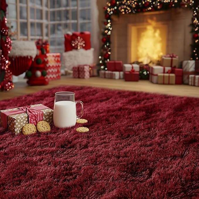 Burgundy Plush Rug for Living Room Fuzzy Carpet for Bedroom Dorm, Non-Slip High Pile Rug, Shag Rug for Playroom Nursery Home Office Decor 9X12 Ft
