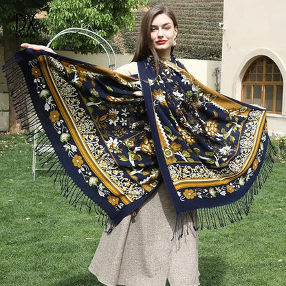 DANA XU 100% Merino Wool Extra Large Pashmina Blanket Travel Scarf Cashmere Wrap for Women Fall Winter Oversize Shawl Floral
