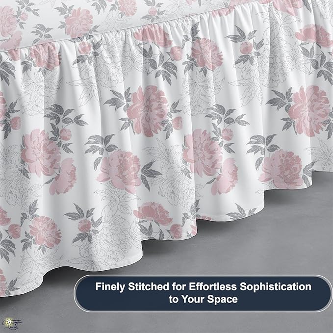 Cottington Lane Ruffled Bed Skirt King Size with Split Corner, Brushed Microfiber Hotel Quality Dust Ruffle, 15 Inch Drop Gathered Bedskirt, Soft, Stylish, Shrink & Fade Resistant, Blush Petals