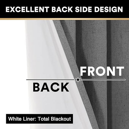 PrinceDeco 100% Blackout Linen Curtains 108 Inches Long 2 Panels Textured Room Darkening Thermal Drapes for Bedroom Dining Room, Soundproof Window Treatment Drapes for Hall Room,Grey, Set of 2