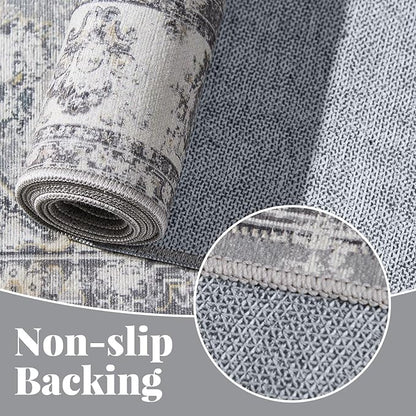 jinchan Fiora Hallway Runner Rug 2x10 Machine Washable Runner Rug Grey Vintage Floral Design Non-Slip Ultra-Thin for Kitchen Laundry Room Bedroom Farmhouse (2‘x10', Grey)