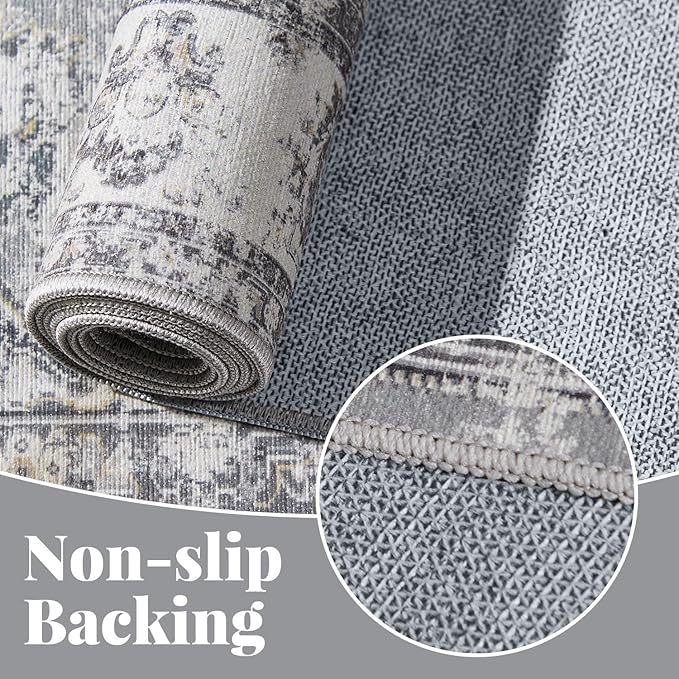 jinchan Fiora Hallway Runner Rug 3x7 Machine Washable Runner Rug Grey Vintage Floral Design Non-Slip Low Pile Ultra-Thin for Kitchen Laundry Room Bedroom Farmhouse (3‘x7', Grey)